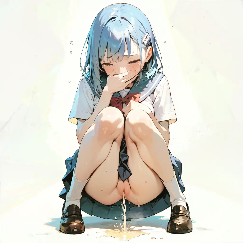 blue hair girl in japanese school uniform serafuku cannot hold her urges to pee anymore and release a stream of golden liquid in public